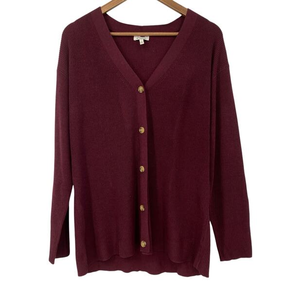 ELLA MOSS NWOT Rib Knit Button Down V Neck Cardigan Sweater Maroon Size Large - Picture 1 of 5